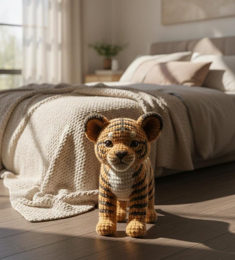 May include: A crocheted tiger cub with orange and black stripes, brown ears, and a white belly. The handmade stuffed animal is standing on a wooden floor in front of a bed with a beige blanket.