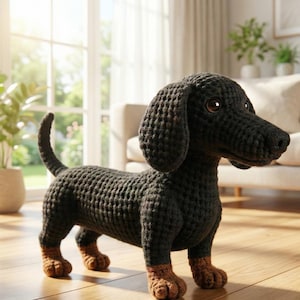 Patrón de crochet para perro salchicha amigurumi, cachorro negro y fuego (PDF)