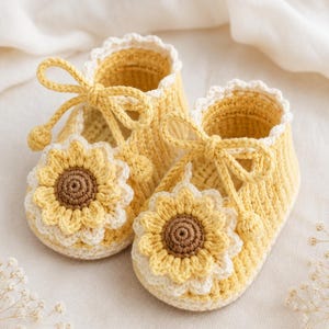 Sunflower Baby Booties Crochet Pattern, 3-12M PDF, Floral Infant Shoes, Newborn Shower Gift, Handmade Nursery Keepsake