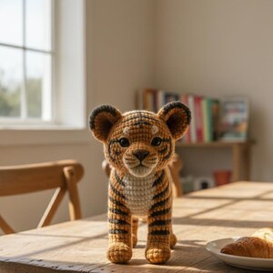 May include: A crocheted tiger cub with orange and black stripes stands on a wooden table. The handmade toy has a white belly and large, dark eyes. The background includes a window, a chair, and a plate with a croissant.