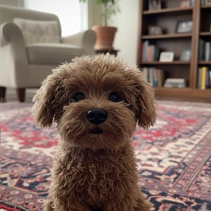 Puede incluir: Un cachorro de caniche marrón está sentado en una alfombra estampada. El cachorro tiene pelo rizado, una nariz negra y ojos oscuros. El fondo incluye una silla, una estantería y una planta en maceta.