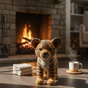 May include: A crocheted tiger cub with brown and black stripes stands on a wooden floor. The handmade toy has large ears and a friendly expression. A stack of beige coasters and a cup of coffee sit nearby, with a fireplace in the background.