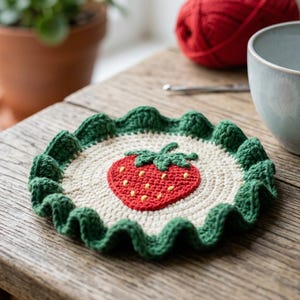 May include: A handmade crochet coaster with a strawberry design. The coaster features a red strawberry in the center, surrounded by a cream-colored background and a green scalloped border. A light blue mug and a ball of red yarn are also visible.