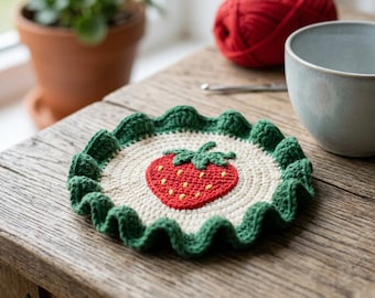 Posavasos de fresa de ganchillo, posavasos hecho a mano, posavasos bonito para tazas, decoración de cocina estilo cottagecore