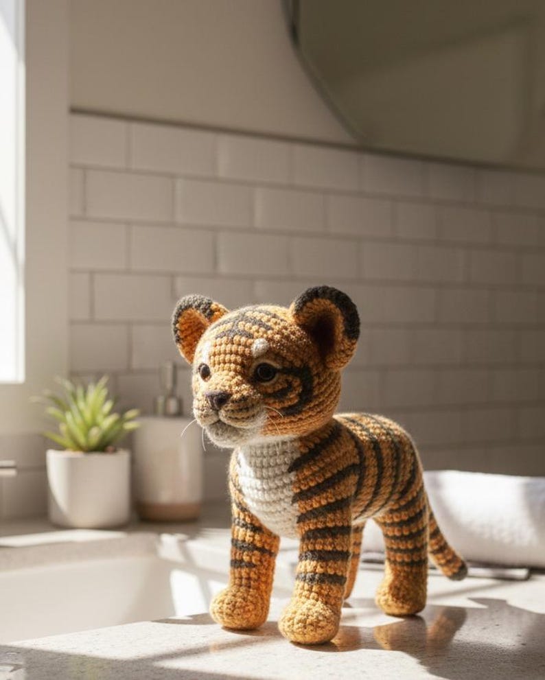 May include: A handmade crochet tiger cub in shades of orange, black, and white. The amigurumi tiger has a detailed striped pattern, small ears, and a sweet expression. The toy is standing on a countertop.