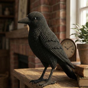 May include: A dark gray knitted crow figurine with detailed texture, standing on a wooden surface. The crow has a prominent beak and realistic eyes, showcasing a handcrafted aesthetic. The decorative bird is a unique home decor item.