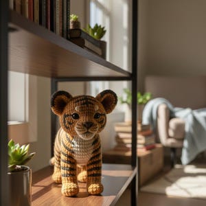 May include: A crocheted tiger cub with orange and black stripes, standing on a wooden shelf. The handmade stuffed animal has large ears and a detailed face. The shelf is part of a bookcase, with books and plants visible in the background.