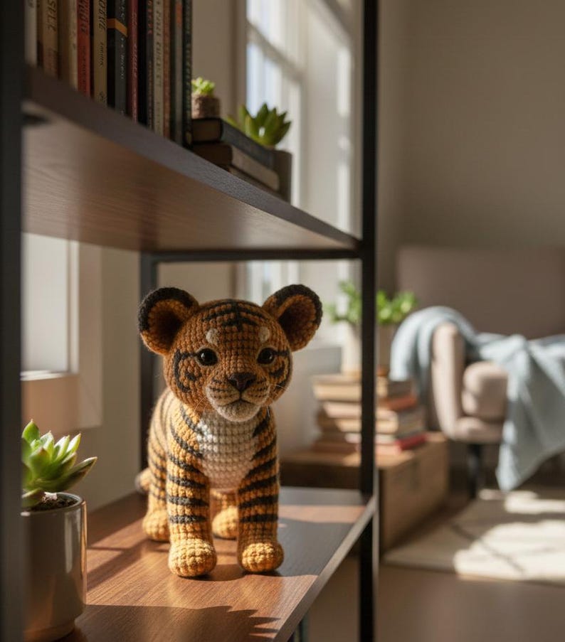 May include: A crocheted tiger cub with orange and black stripes, standing on a wooden shelf. The handmade stuffed animal has large ears and a detailed face. The shelf is part of a bookcase, with books and plants visible in the background.
