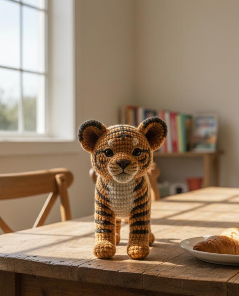 May include: A handmade crochet tiger cub with orange and black stripes, standing on a wooden table. The tiger has large ears and a detailed face. A plate with croissants is in the background.