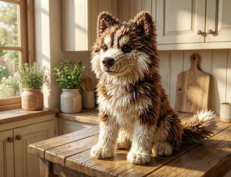 May include: A handcrafted crochet dog with brown and white fur sits on a wooden table. The dog has a fluffy tail and is positioned in a kitchen setting with plants and wooden cabinets. The dog is a decorative item.
