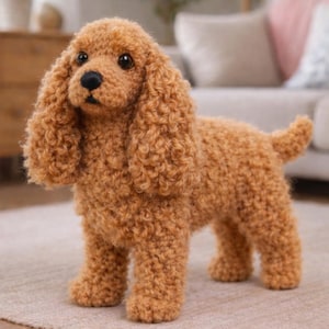 May include: A handcrafted, brown, curly-haired dog figurine. The plush toy has a black nose and dark eyes, and is standing on a beige rug. The dog's fur is a light brown color, and the toy is made of a soft, textured material.