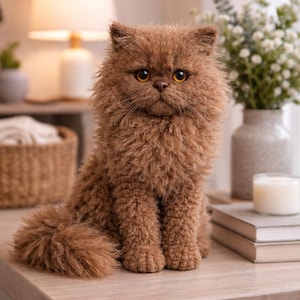 Może przedstawiać: Pluszowy, brązowy kot z kręconym futrem siedzi na jasnej drewnianej powierzchni. Kot ma duże, okrągłe, bursztynowe oczy i puszysty ogon. Tło obejmuje lampę, wazon z kwiatami i świecę.