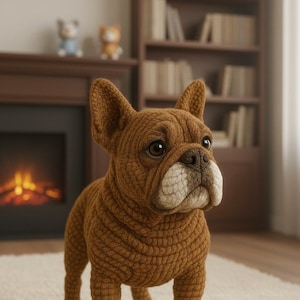 Op de afbeelding: Een bruin gehaakte Franse Bulldog hond sculptuur met een crèmekleurige snuit, staand op een wit tapijt. De hond heeft grote, donkere ogen en gedetailleerde textuur. De achtergrond omvat een open haard en een boekenkast.