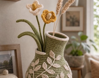 Crochet Botanical Vase Pattern PDF, Floral Home Decor Amigurumi, Handmade Flower Pot, Boho Table Centerpiece