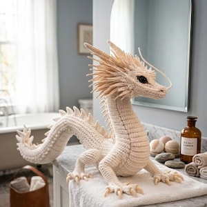 Może przedstawiać: Kremowa, szydełkowa figurka smoka ze szczegółowymi łuskami, pazurami i kolczastą grzywą. Smok jest ułożony na białym ręczniku, z tłem łazienki. Smok ma około 61 cm długości.