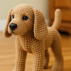 Op de afbeelding: Een handgemaakte, bruin gekleurde gehaakte hond met slappe oren, een zwarte neus en blauwe ogen. Het pluche speelgoed staat op vier poten, met de staart omhoog. De hond is gemaakt van getextureerd garen.