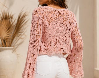 Wzór na szydełkowy kardigan w kolorze boho, samouczek na koronkową bluzkę z rękawami dzwonkowymi, narzutka plażowa z mandalą w formacie PDF, odzież w stylu boho z odkrytym przodem