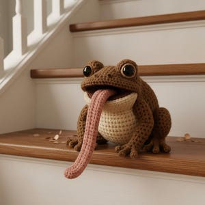 May include: A handmade crochet frog with a long pink tongue extended. The frog is brown with a cream-colored belly and large, black eyes. The frog is sitting on a wooden surface.