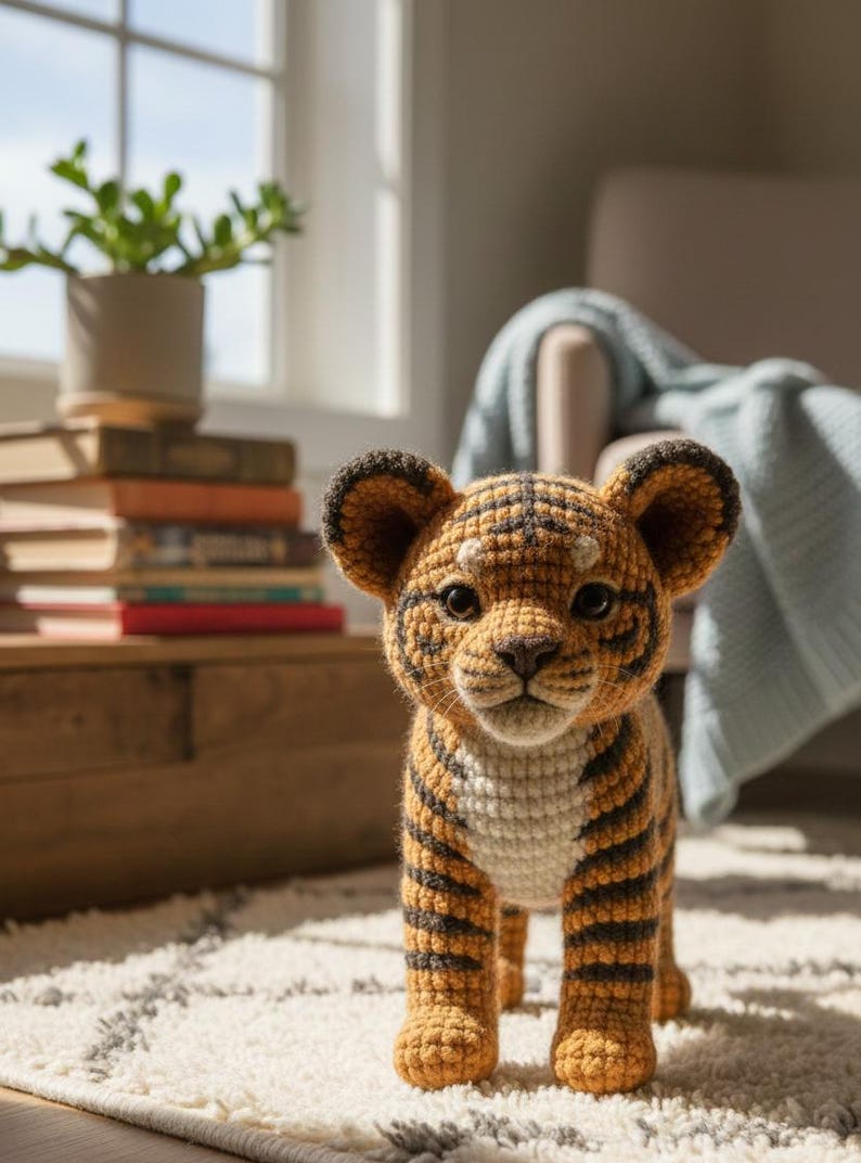May include: A handcrafted crochet tiger cub with orange and black stripes, standing on a white rug. The tiger has large, dark eyes and a white belly. The background includes a window, books, and a light blue blanket.