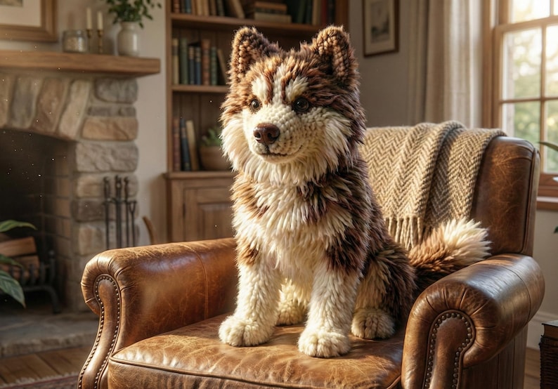 May include: A handcrafted, plush dog toy in shades of brown and cream, resembling a husky. The dog is seated on a vintage leather armchair, with a cozy blanket draped over the back. The setting suggests a warm, inviting home.