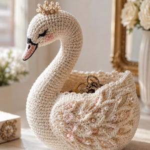 Pode incluir: Uma cesta em forma de cisne de crochê em creme com uma coroa dourada. O cisne tem um bico preto, bochechas rosadas e olhos fechados. A cesta é decorada com detalhes florais rosa e pérolas falsas. Chaves são visíveis dentro da cesta.