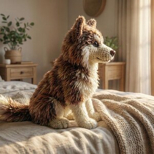 May include: A handmade, plush dog toy in shades of brown, white, and cream, sitting on a bed with a neutral-toned blanket. The dog has a fluffy tail and is positioned in a sitting pose. The background includes a bed, nightstand, and window.