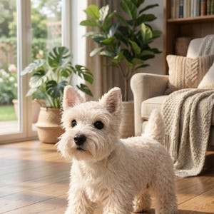 Könnte beinhalten: Ein flauschiger, weißer West Highland White Terrier steht auf einem Holzboden in einem sonnigen Raum. Der Hund hat ein kurzes, dichtes Fell und einen aufmerksamen Ausdruck. Der Hintergrund zeigt Zimmerpflanzen, einen gemütlichen Sessel und ein Bücherregal.