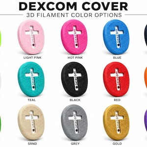 May include: A collection of fifteen oval Dexcom covers featuring a cross-shaped cutout and the text 'dexcom' printed vertically. The covers are displayed in a grid, showcasing various 3D filament colors including neon green, pink, blue, black, white, teal, red, orange, grass green, sand, grey, gold, and purple.