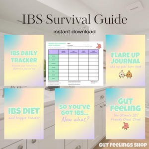Puede incluir: Una colección de guías digitales sobre el SII (Síndrome del Intestino Irritable) con fondos pastel. Los títulos incluyen "IBS Survival Guide", "IBS Daily Tracker", "Flare Up Journal", "IBS Diet", "So You've Got IBS... Now what?" y "Gut Feeling".