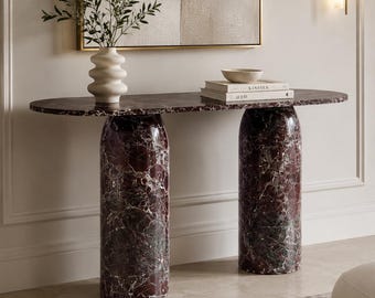 Bordeauxrode marmeren consoletafel, handgemaakte stenen haltafel, luxe bijzettafel voor bij de bank, organisch modern halmeubilair, woondecoratie
