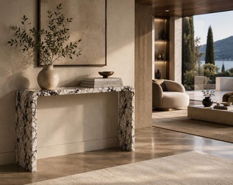 Consoletafel van Calacatta-marmer, marmeren haltafel, luxe stenen consoletafel, handgemaakte watervalconsoletafel, moderne haltafel.
