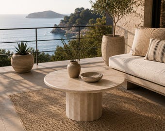 Mesa de centro redonda em travertino, mesa de centro artesanal em pedra, mesa de centro moderna em mármore, mobiliário moderno e orgânico para sala de estar.