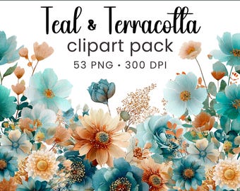 May include: A digital clipart pack featuring watercolor-style flowers in shades of teal and terracotta. The text reads: stickers by lollipop, Teal & Terracotta clipart pack, 53 PNG 300 DPI, and TRANSPARENT PNG FILES INSTANT DOWNLOAD.