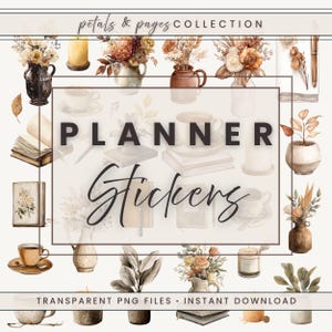 Könnte beinhalten: Eine digitale Sammlung von Planer-Aufklebern mit Aquarellillustrationen von Blumenarrangements in Vasen, Kaffeetassen, Kerzen und offenen Büchern. Der Text lautet Petals & Pages Collection, Planner Stickers und Transparent PNG Files.