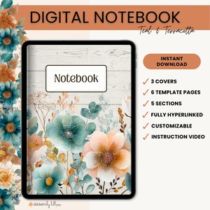 Pode incluir: Um caderno digital exibido na tela de um tablet com fundo de madeira branca e ilustrações florais em azul-petróleo e terracota. A capa inclui uma etiqueta retangular com o texto Notebook. O texto lista 3 capas, 6 páginas de modelo, 5 seções, totalmente com hiperlinks, personalizável e um vídeo de instruções.
