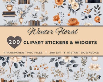 Digital Planner Stickers PNG, Functional Widgets for Productivity, Digital Journal Clipart, GoodNotes Stickers, Winter Floral Collection