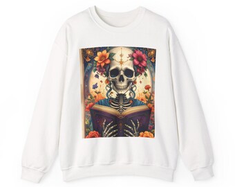 Skull Reading Book Sweatshirt | Floral Day of the Dead Skeleton