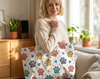 Colorful Paw Print Weekender Bag | Pet Lover Tote, USA Assembled