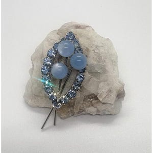 Vintage Silver Tone Light Blue Rhinestone Pin Brooch 60s 70s Mod Abstract Retro
