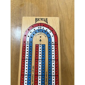 Vintage Bicycle Wooden Cribbage Board 3 Track 7 Pegs Red & White Made in Taiwan image 2