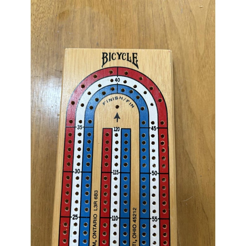 Vintage Bicycle Wooden Cribbage Board 3 Track 7 Pegs Red & White Made in Taiwan image 2