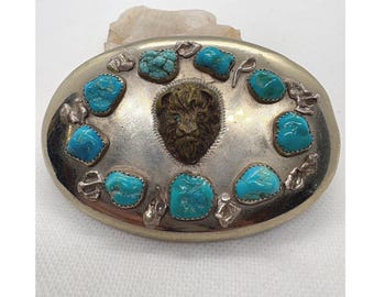 Hebilla de cinturón ovalada vintage de Ahumada & Sons Baboquivari con turquesa y bisonte, tono plateado.