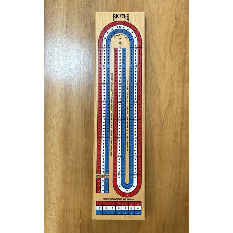 Vintage Bicycle Wooden Cribbage Board 3 Track 7 Pegs Red & White Made in Taiwan image 1