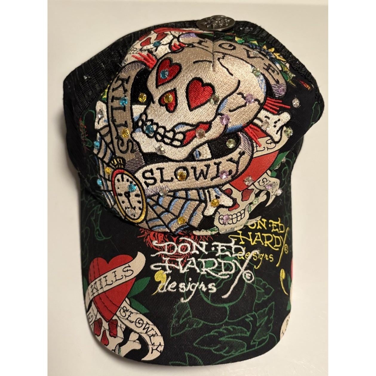 Ed Hardy Rhinestone Black Hat Vintage Trucker Hat Love Kills