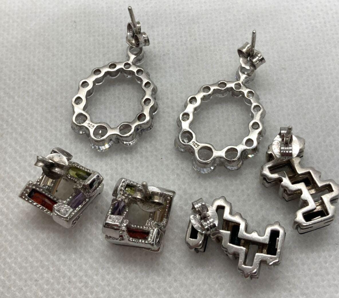 Lotto Vintage 3 Paia Di Orecchini Pendenti Modernisti CZ In - Foto 9