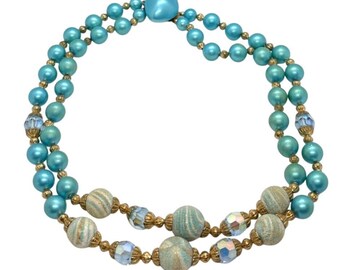 Vintage Aqua Blue Green Plastic Bead 2 Strand Tiered 16'' Necklace 1960s Retro