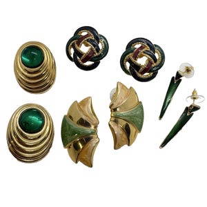 Lot of 4 Vintage 80s/90s Statement Earrings Gold Tone Enamel Green Black Retro
