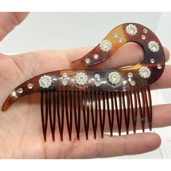 1920s Art Deco Celluloid Silver Rhinestone Hair Clip Comb Vintage Tortoise shell Gorgeous Vintage Art Deco Tortoise Shell Hair Com With Art  main image 4