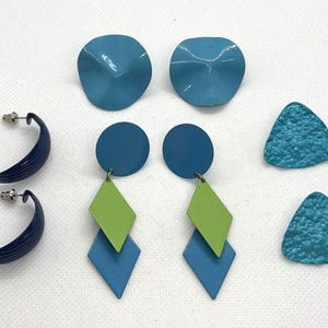 Vintage Lot of 4 Pairs Blue Green Pierced Earrings 80s 90s Geometric Statement