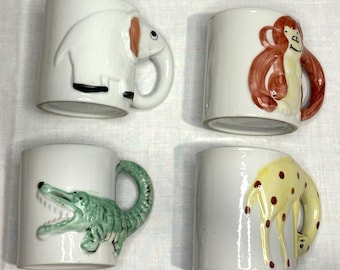 Vintage 1970s Enesco 3D Animal Mugs Elephant, Monkey, Alligator, Giraffe Japan